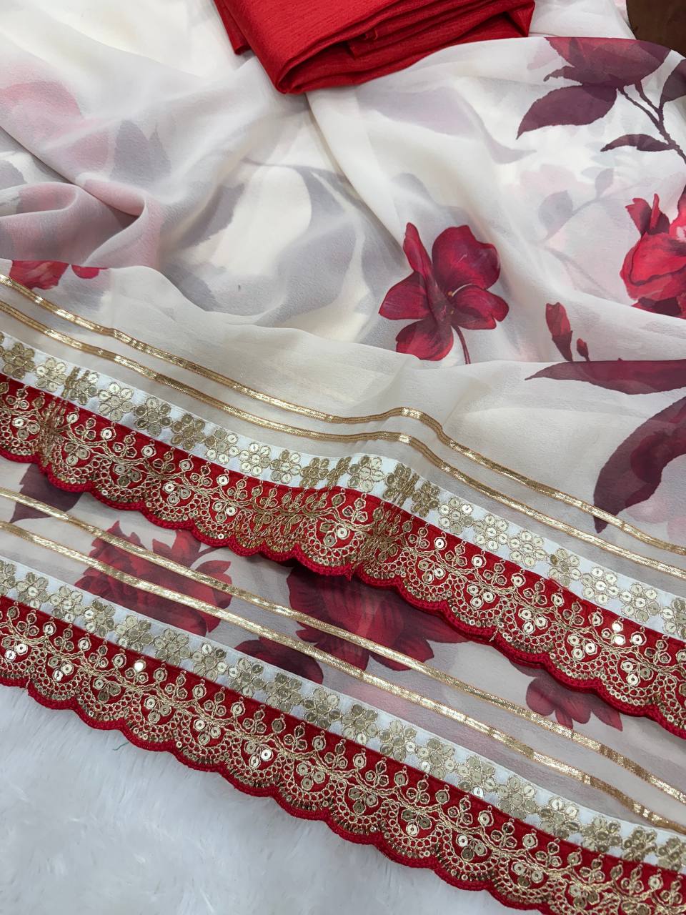 Ivory Floral Printed Chiffon Saree with Wine Red Heavy Zari Sequin Scalloped Border & Solid Blouse