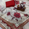 Ivory Floral Printed Chiffon Saree with Wine Red Heavy Zari Sequin Scalloped Border & Solid Blouse