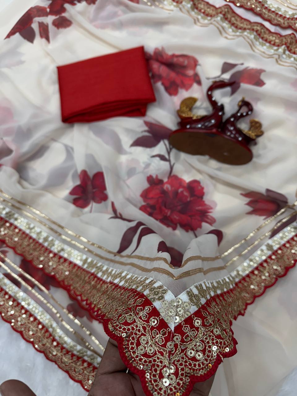 Ivory Floral Printed Chiffon Saree with Wine Red Heavy Zari Sequin Scalloped Border & Solid Blouse