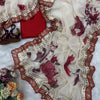 Ivory Floral Printed Chiffon Saree with Wine Red Heavy Zari Sequin Scalloped Border & Solid Blouse