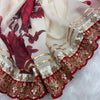 Ivory Floral Printed Chiffon Saree with Wine Red Heavy Zari Sequin Scalloped Border & Solid Blouse