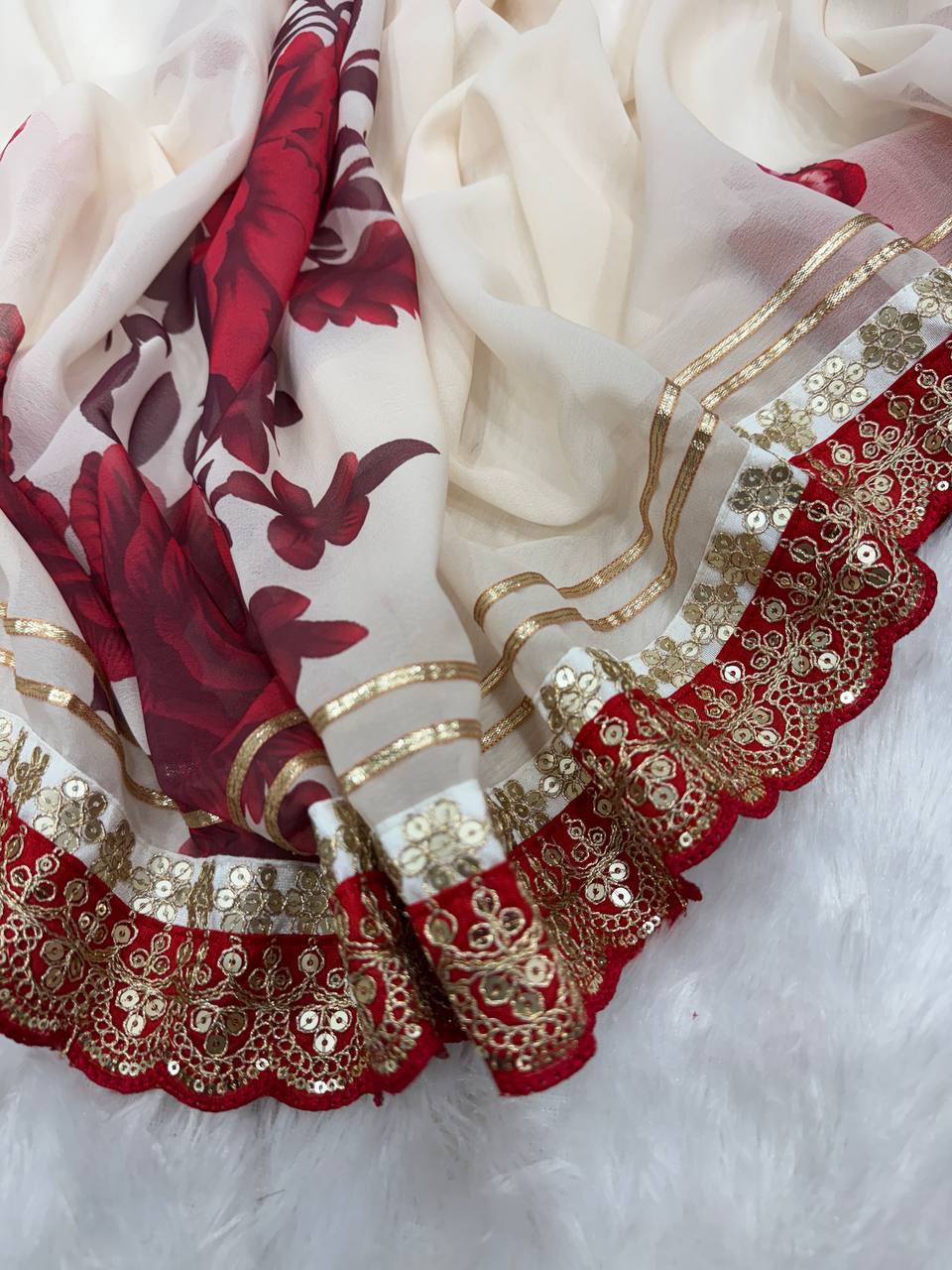 Ivory Floral Printed Chiffon Saree with Wine Red Heavy Zari Sequin Scalloped Border & Solid Blouse