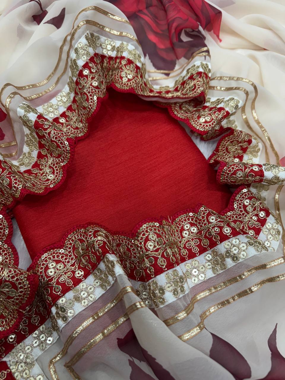 Ivory Floral Printed Chiffon Saree with Wine Red Heavy Zari Sequin Scalloped Border & Solid Blouse