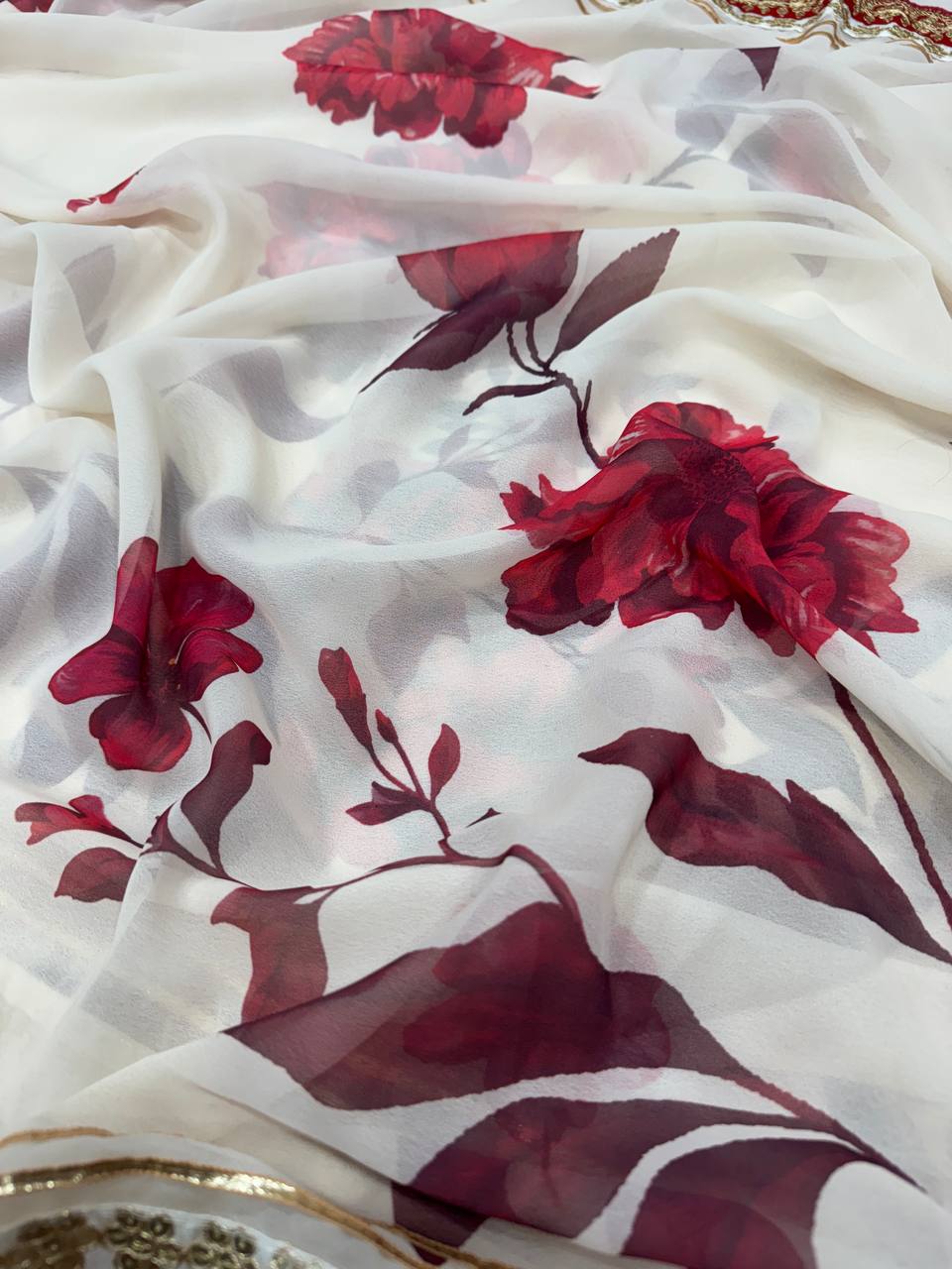 Ivory Floral Printed Chiffon Saree with Wine Red Heavy Zari Sequin Scalloped Border & Solid Blouse