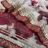 Ivory Floral Printed Chiffon Saree with Wine Red Heavy Zari Sequin Scalloped Border & Solid Blouse