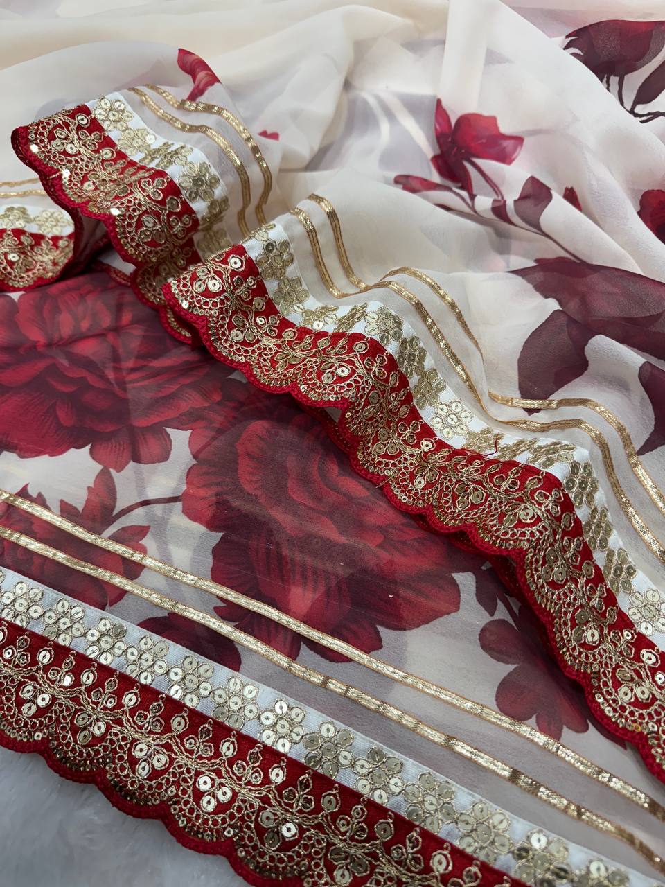 Ivory Floral Printed Chiffon Saree with Wine Red Heavy Zari Sequin Scalloped Border & Solid Blouse
