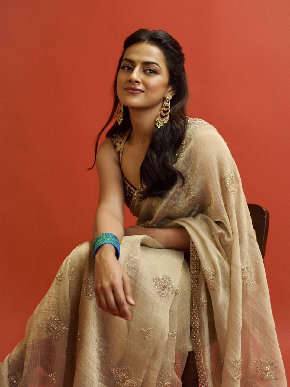 Champagne Gold Chiffon Saree with Silver Zari Booti Work & Ornate Border with Contrast Embroidered Blouse