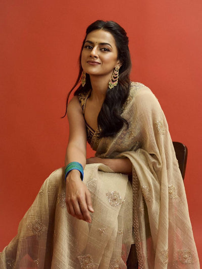 Champagne Gold Chiffon Saree with Silver Zari Booti Work & Ornate Border with Contrast Embroidered Blouse