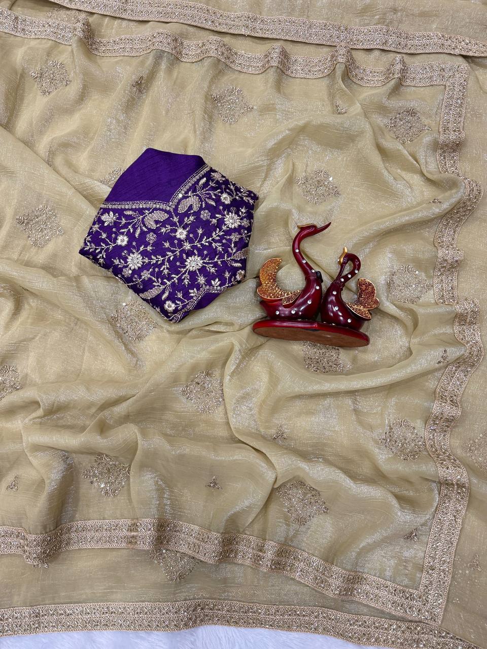 Champagne Gold Chiffon Saree with Silver Zari Booti Work & Ornate Border with Contrast Embroidered Blouse