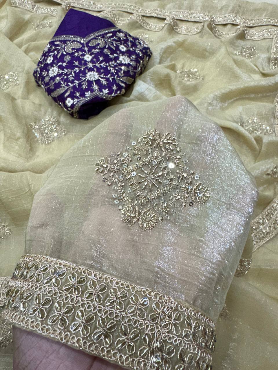 Champagne Gold Chiffon Saree with Silver Zari Booti Work & Ornate Border with Contrast Embroidered Blouse