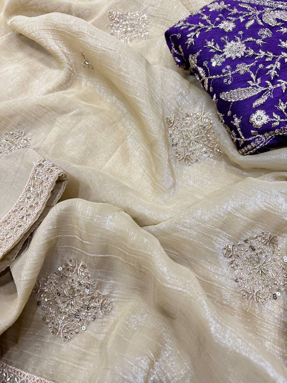 Champagne Gold Chiffon Saree with Silver Zari Booti Work & Ornate Border with Contrast Embroidered Blouse