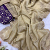 Champagne Gold Chiffon Saree with Silver Zari Booti Work & Ornate Border with Contrast Embroidered Blouse