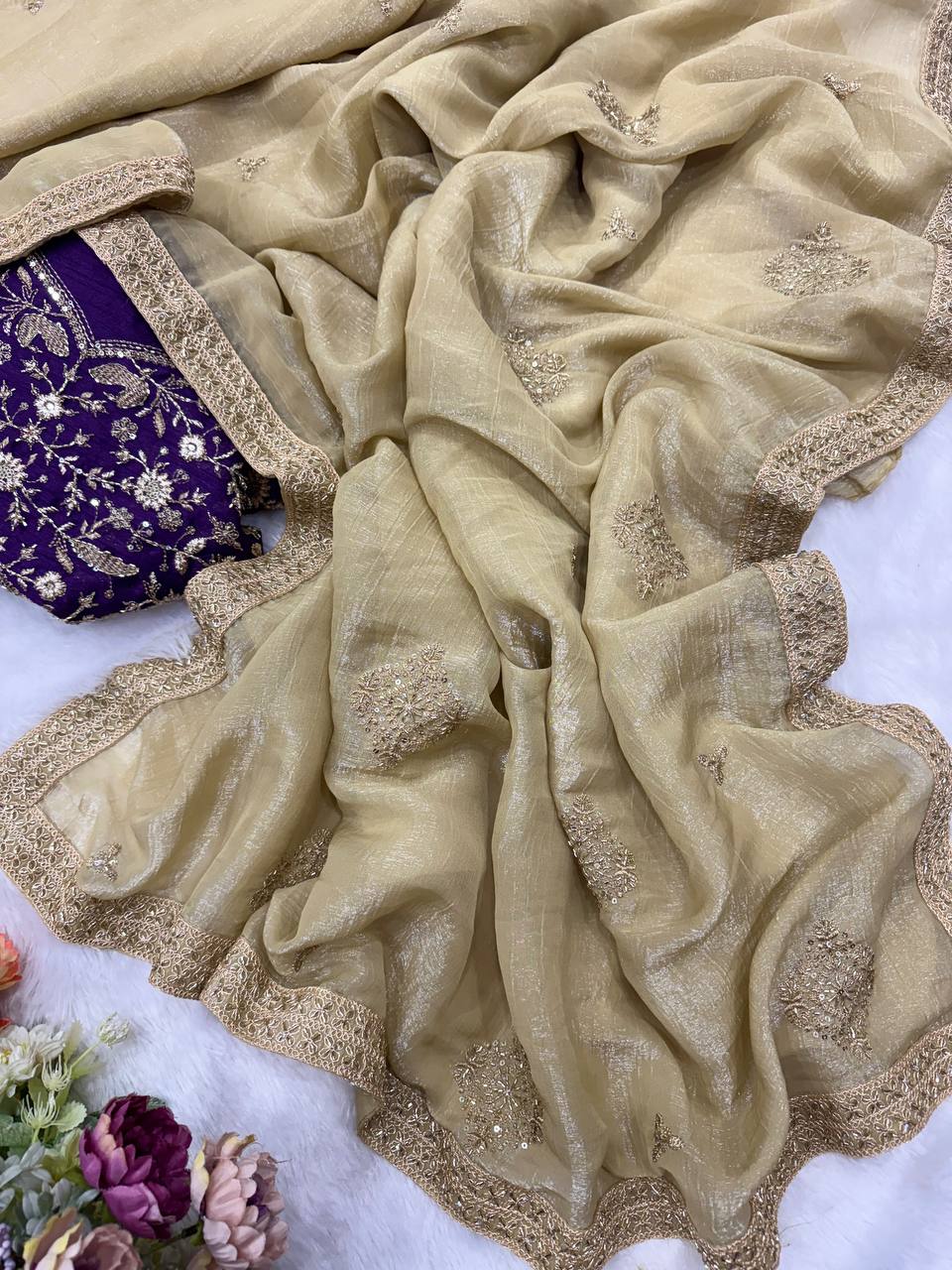 Champagne Gold Chiffon Saree with Silver Zari Booti Work & Ornate Border with Contrast Embroidered Blouse