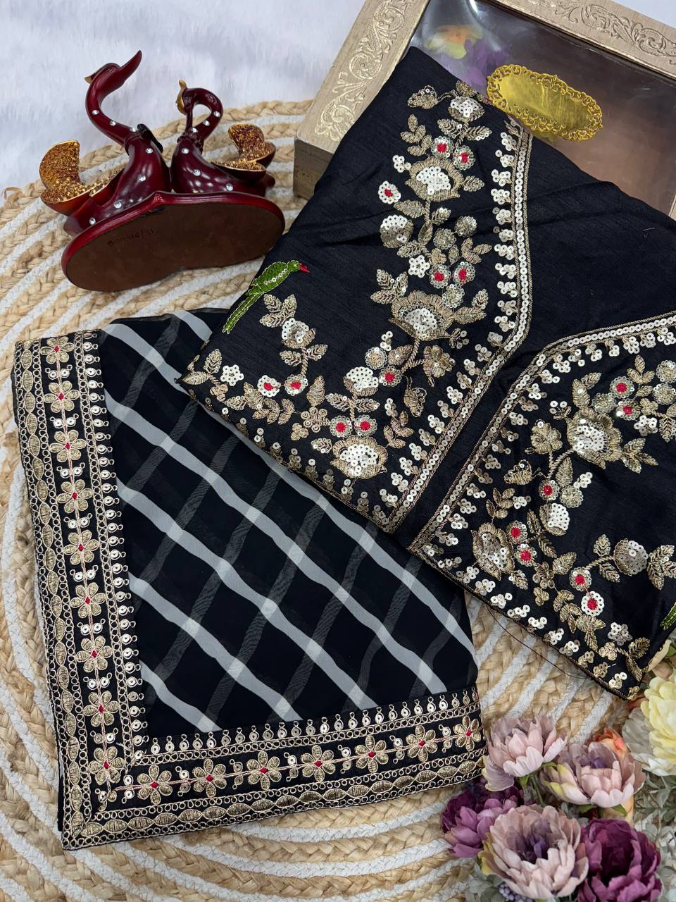 Classic Black Chiffon Saree with Gold & Sequin Floral Embroidery, Checkered Body & Heavy Border with Designer Blouse