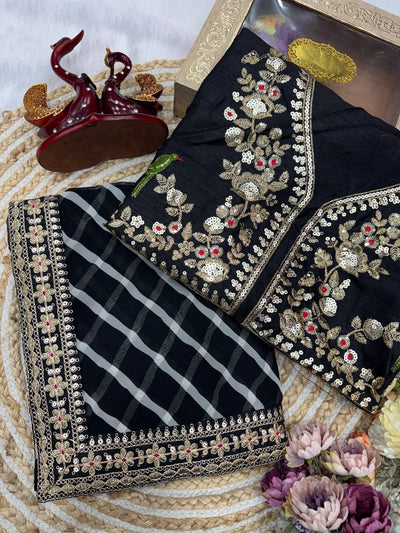 Classic Black Chiffon Saree with Gold & Sequin Floral Embroidery, Checkered Body & Heavy Border with Designer Blouse