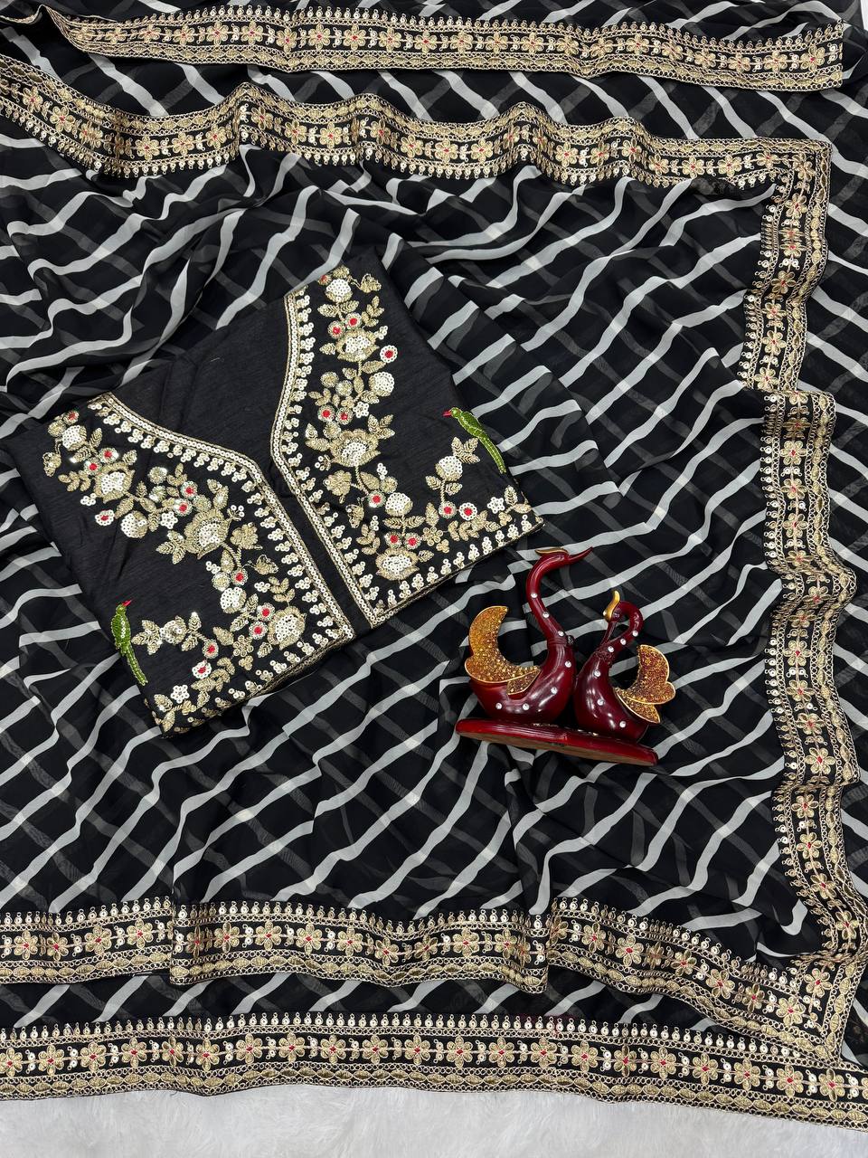 Classic Black Chiffon Saree with Gold & Sequin Floral Embroidery, Checkered Body & Heavy Border with Designer Blouse
