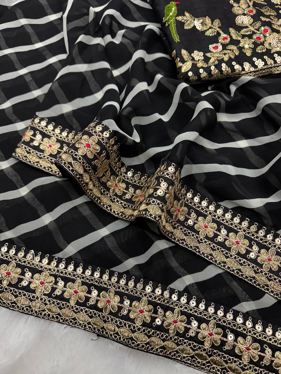 Classic Black Chiffon Saree with Gold & Sequin Floral Embroidery, Checkered Body & Heavy Border with Designer Blouse