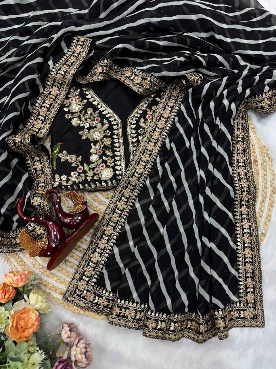 Classic Black Chiffon Saree with Gold & Sequin Floral Embroidery, Checkered Body & Heavy Border with Designer Blouse