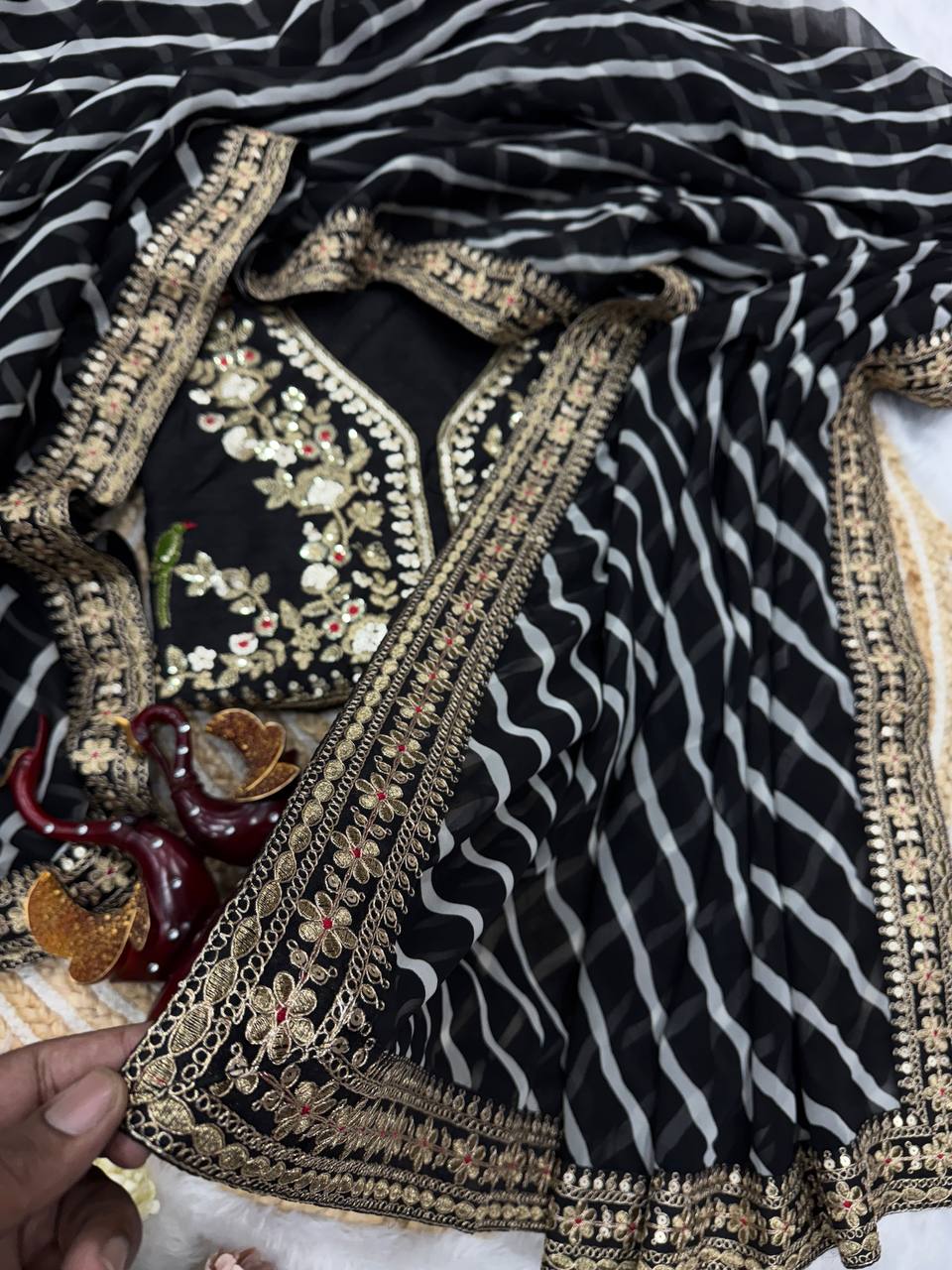 Classic Black Chiffon Saree with Gold & Sequin Floral Embroidery, Checkered Body & Heavy Border with Designer Blouse