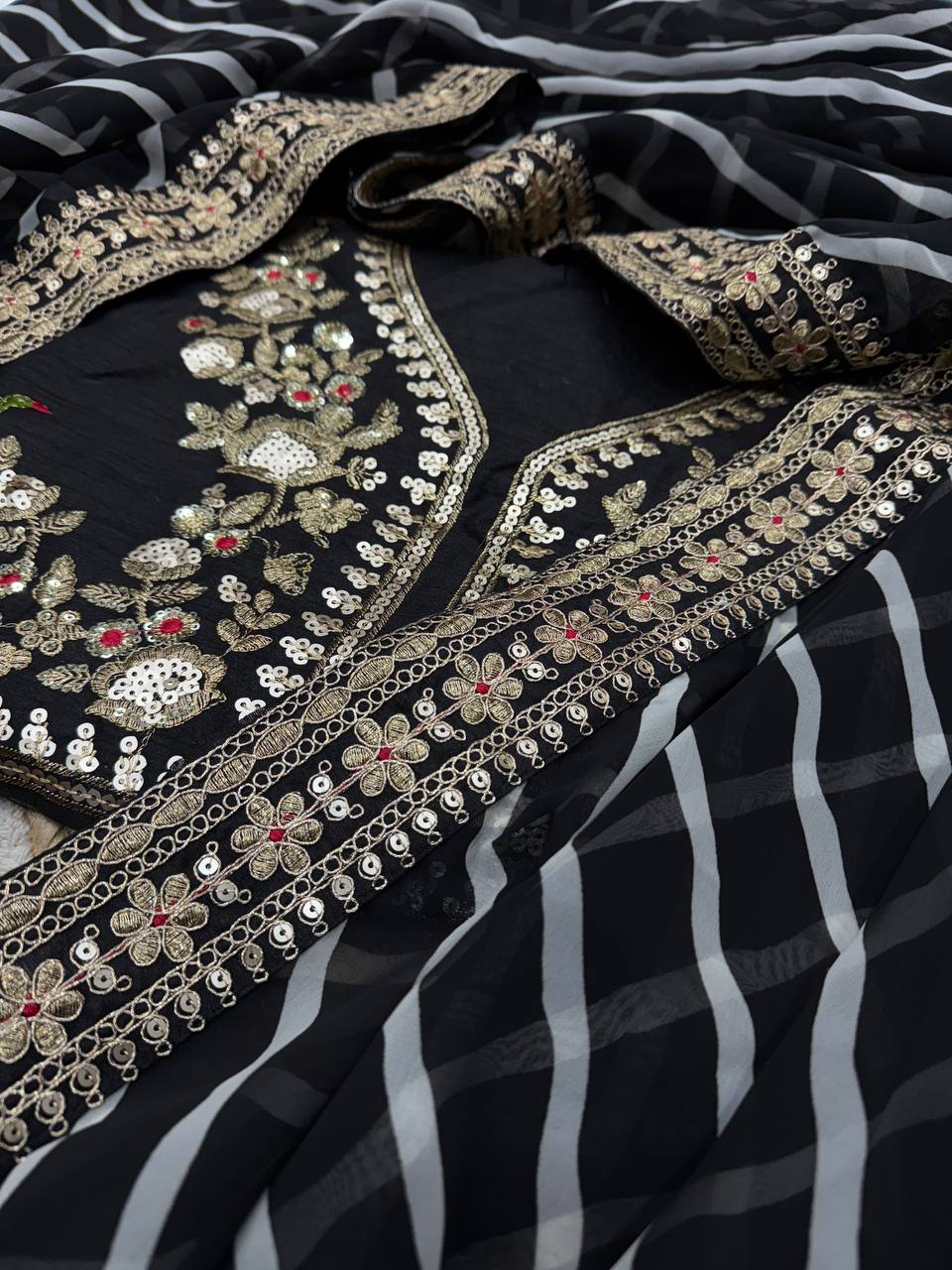 Classic Black Chiffon Saree with Gold & Sequin Floral Embroidery, Checkered Body & Heavy Border with Designer Blouse