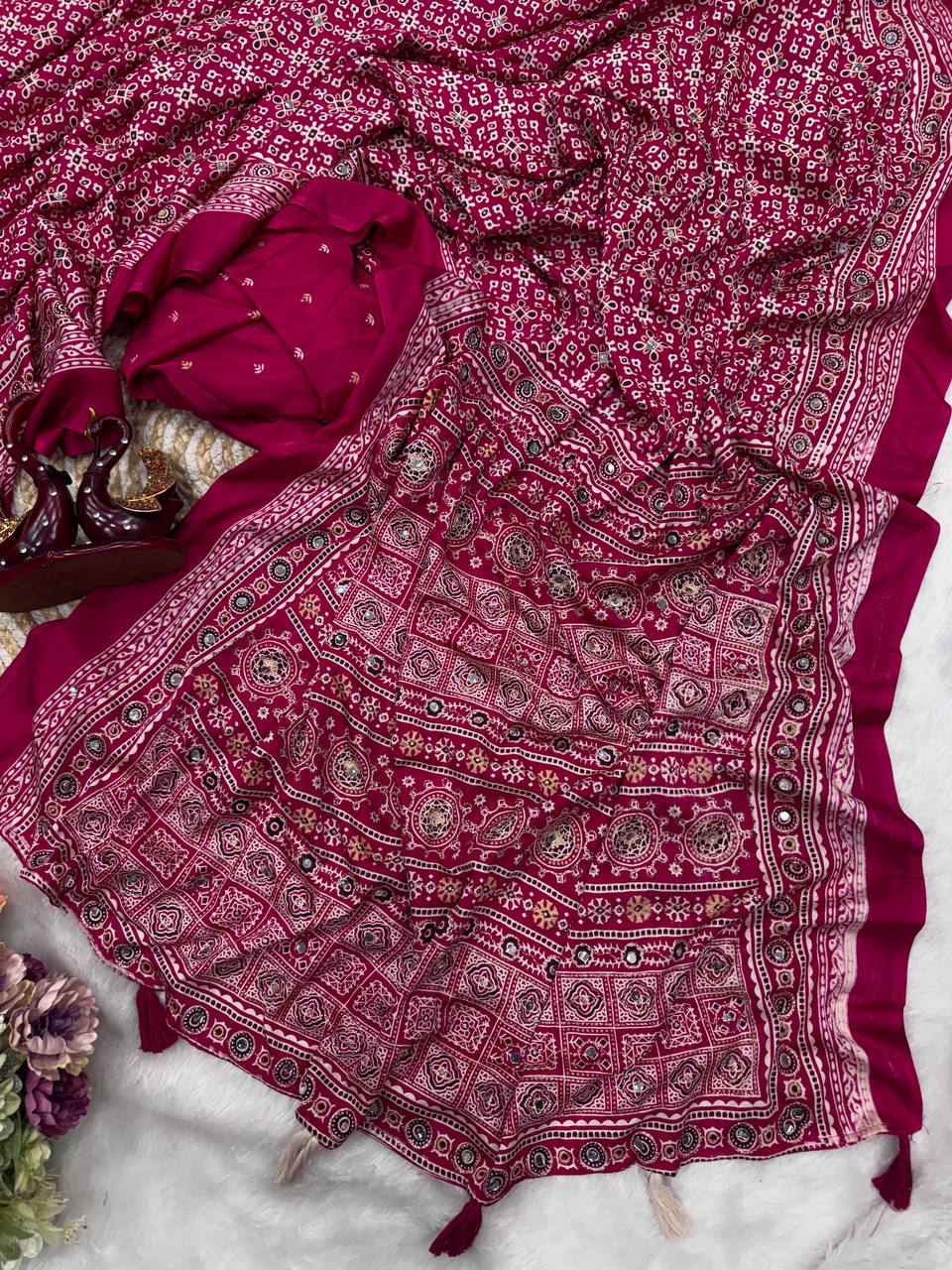 Heritage Ajrakh-Inspired Printed Saree with Mirror Work Detailing & Tassel Accents