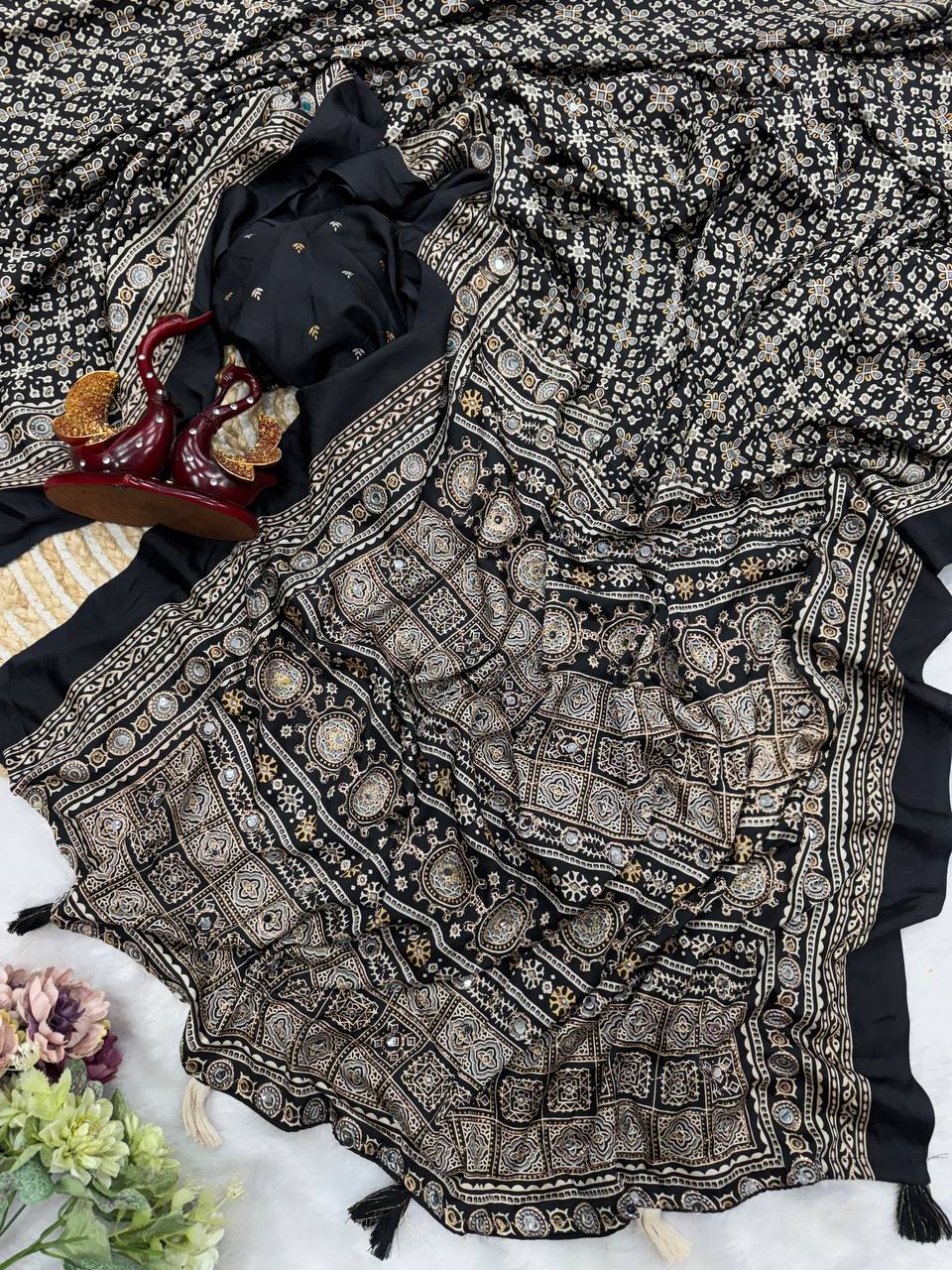 Heritage Ajrakh-Inspired Printed Saree with Mirror Work Detailing & Tassel Accents