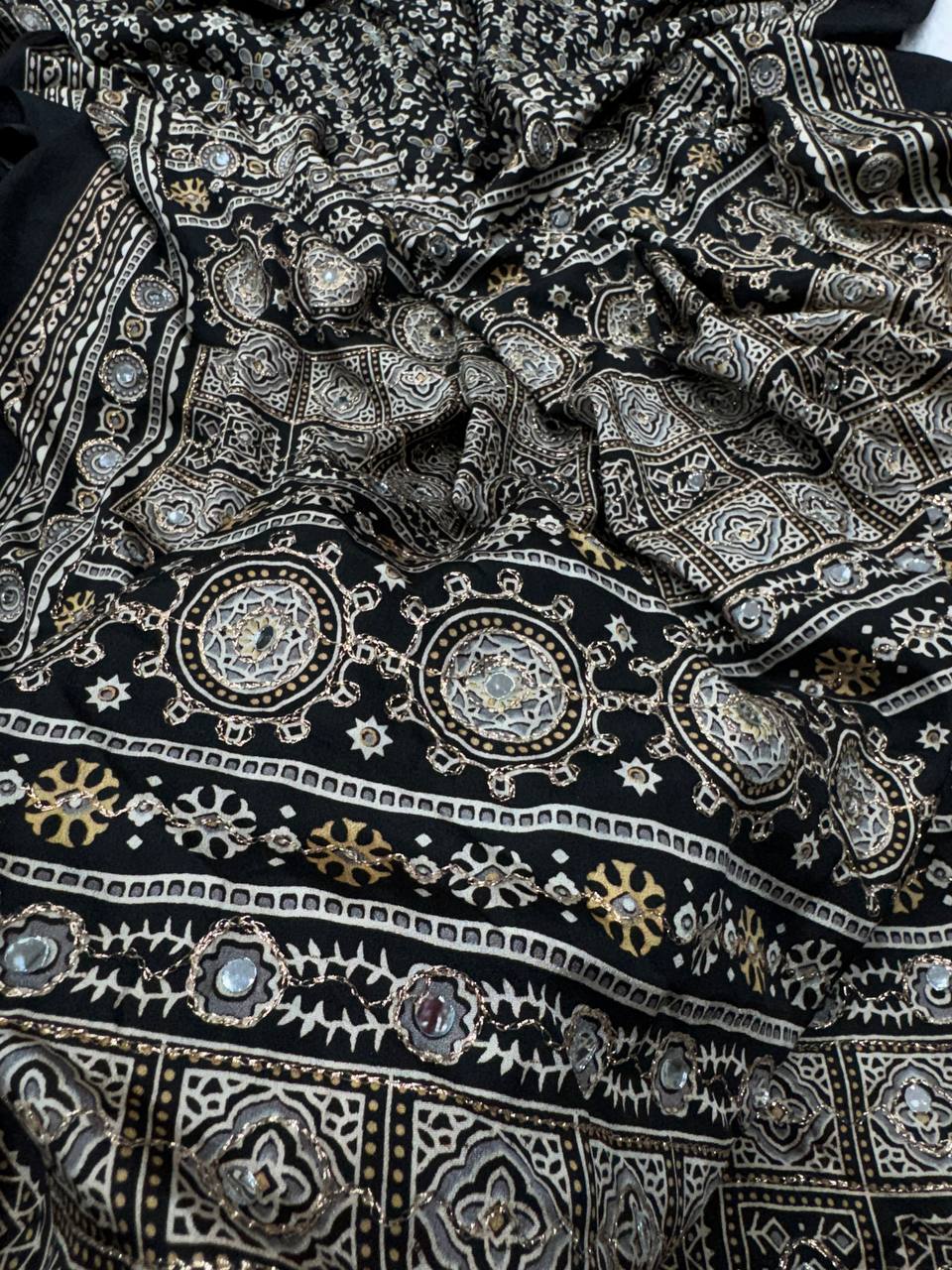 Heritage Ajrakh-Inspired Printed Saree with Mirror Work Detailing & Tassel Accents