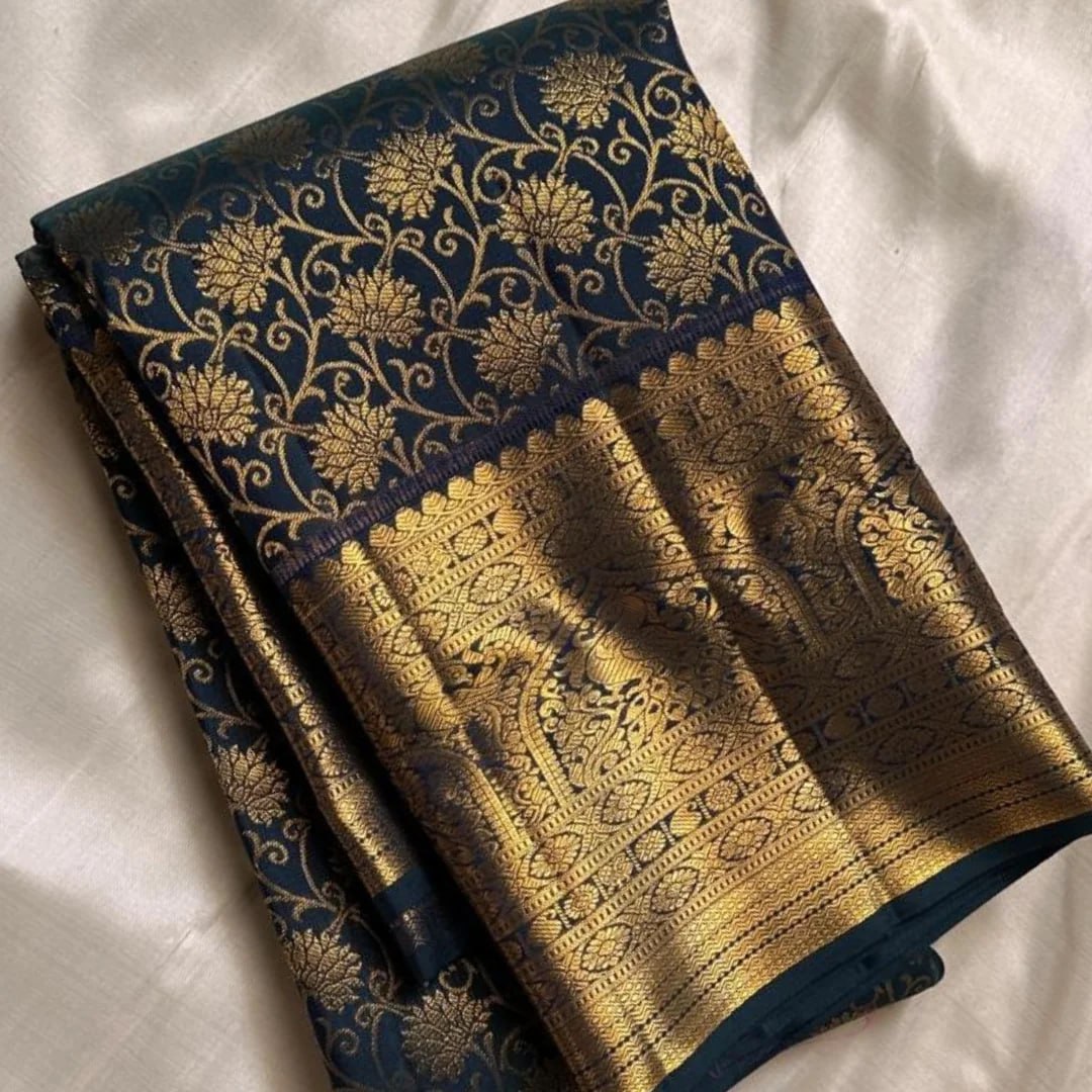 Royal Navy Blue Banarasi Silk Saree with Antique Gold Zari Floral Weaving & Grand Traditional Border