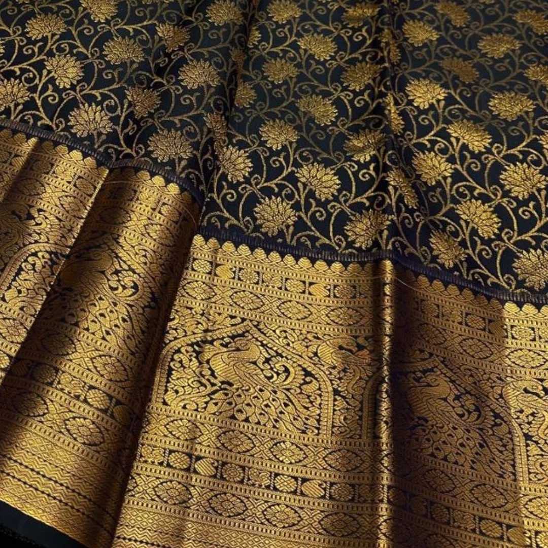 Royal Navy Blue Banarasi Silk Saree with Antique Gold Zari Floral Weaving & Grand Traditional Border