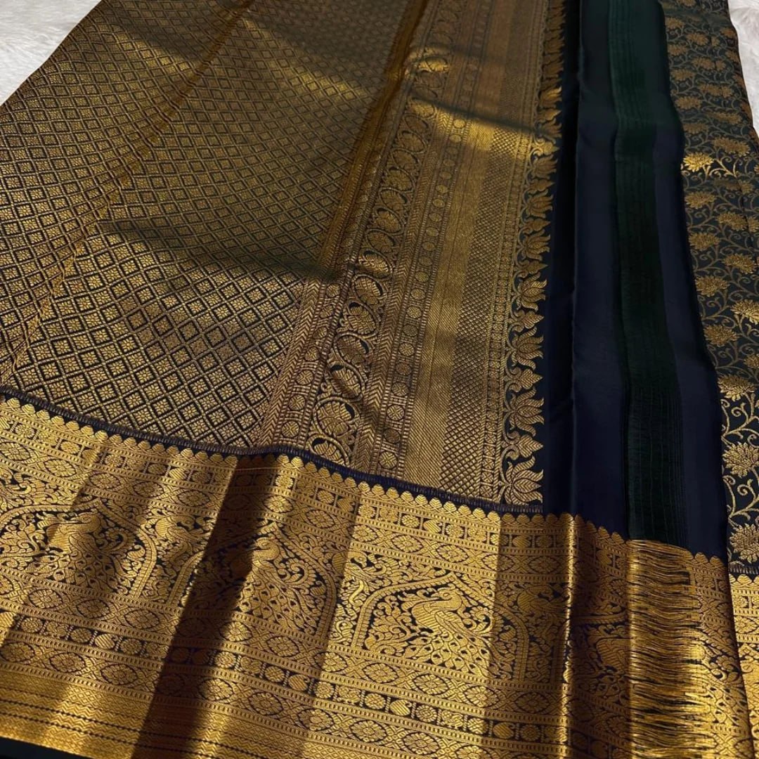 Royal Navy Blue Banarasi Silk Saree with Antique Gold Zari Floral Weaving & Grand Traditional Border