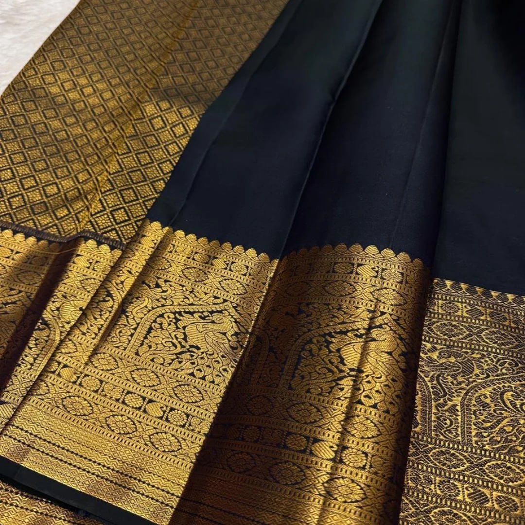 Royal Navy Blue Banarasi Silk Saree with Antique Gold Zari Floral Weaving & Grand Traditional Border