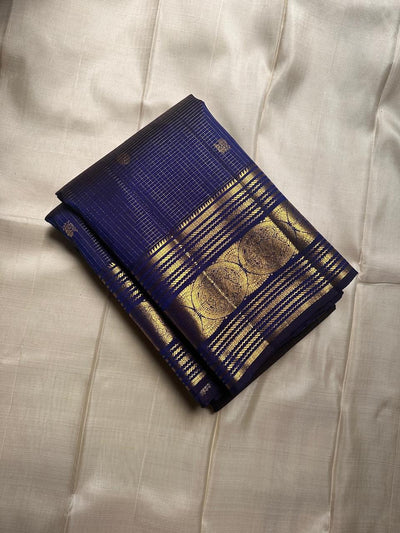Royal Indigo Blue Silk Saree with Antique Gold Zari Temple Border & Elegant Grid Weaving