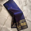 Royal Indigo Blue Silk Saree with Antique Gold Zari Temple Border & Elegant Grid Weaving