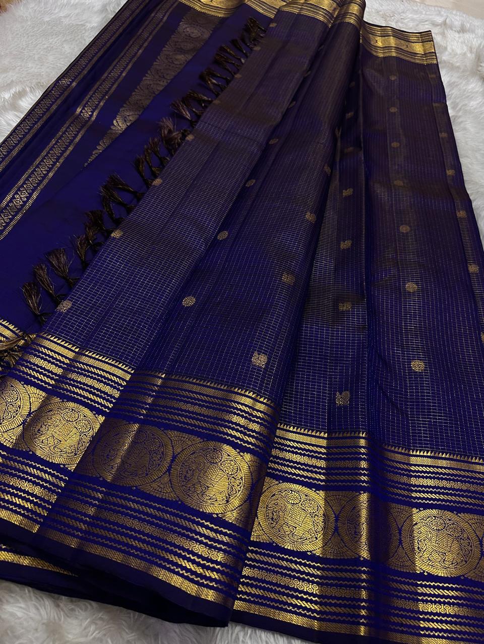 Royal Indigo Blue Silk Saree with Antique Gold Zari Temple Border & Elegant Grid Weaving