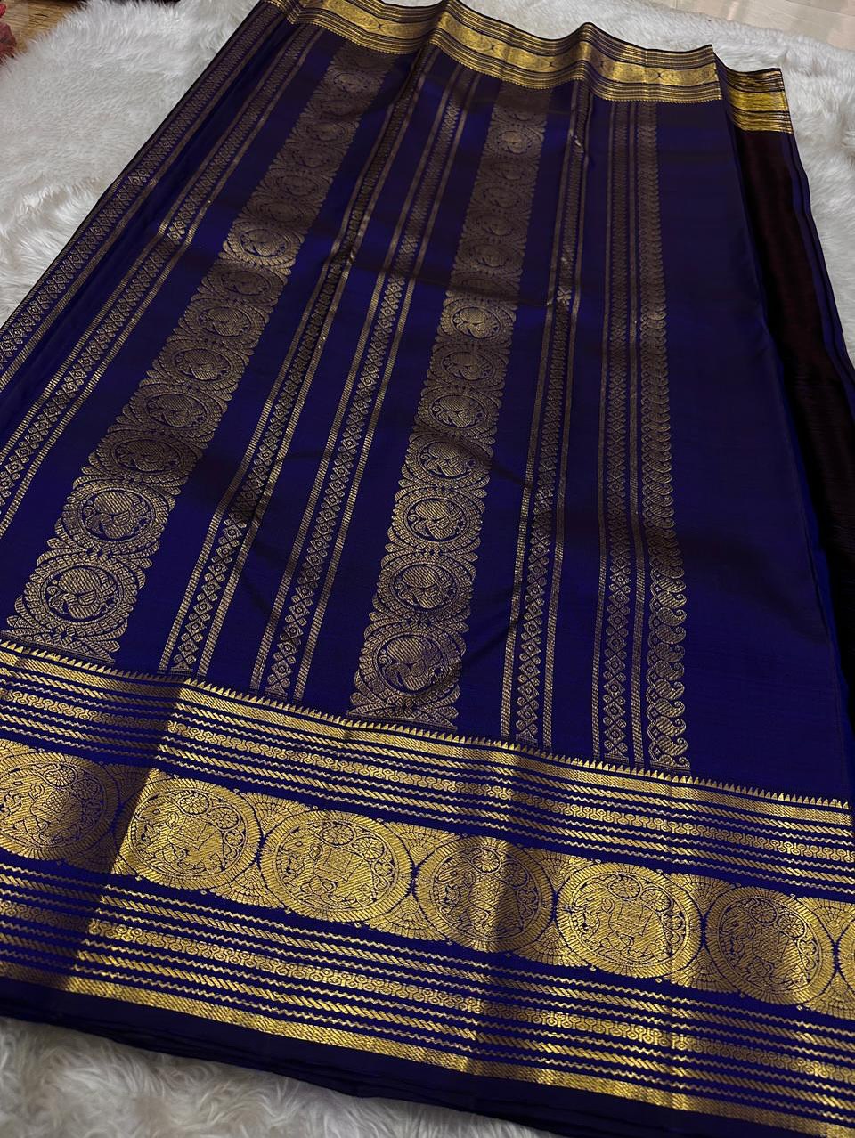 Royal Indigo Blue Silk Saree with Antique Gold Zari Temple Border & Elegant Grid Weaving