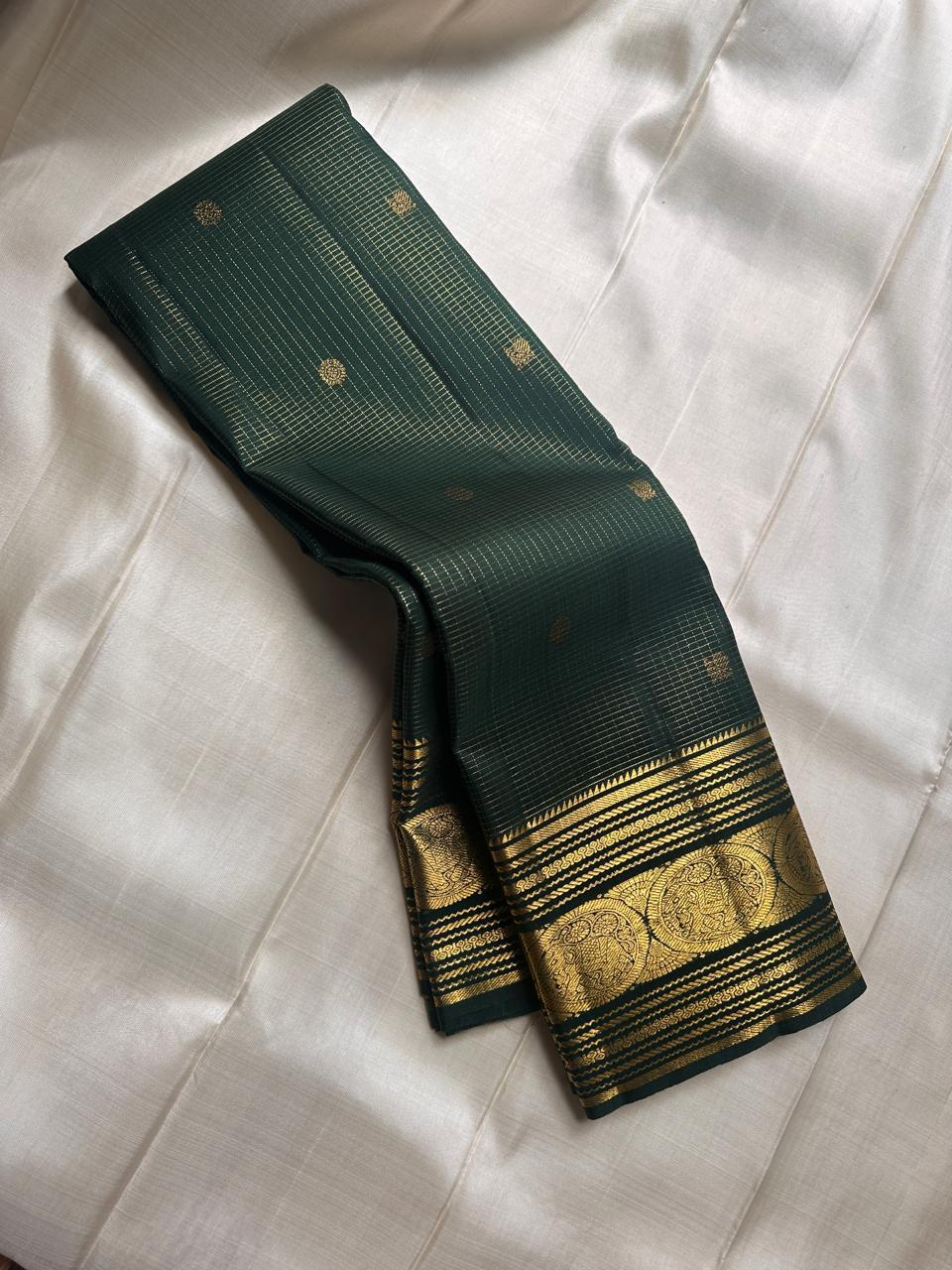 Emerald Green Silk Saree with Antique Gold Zari Grid Weaving & Royal Temple Border