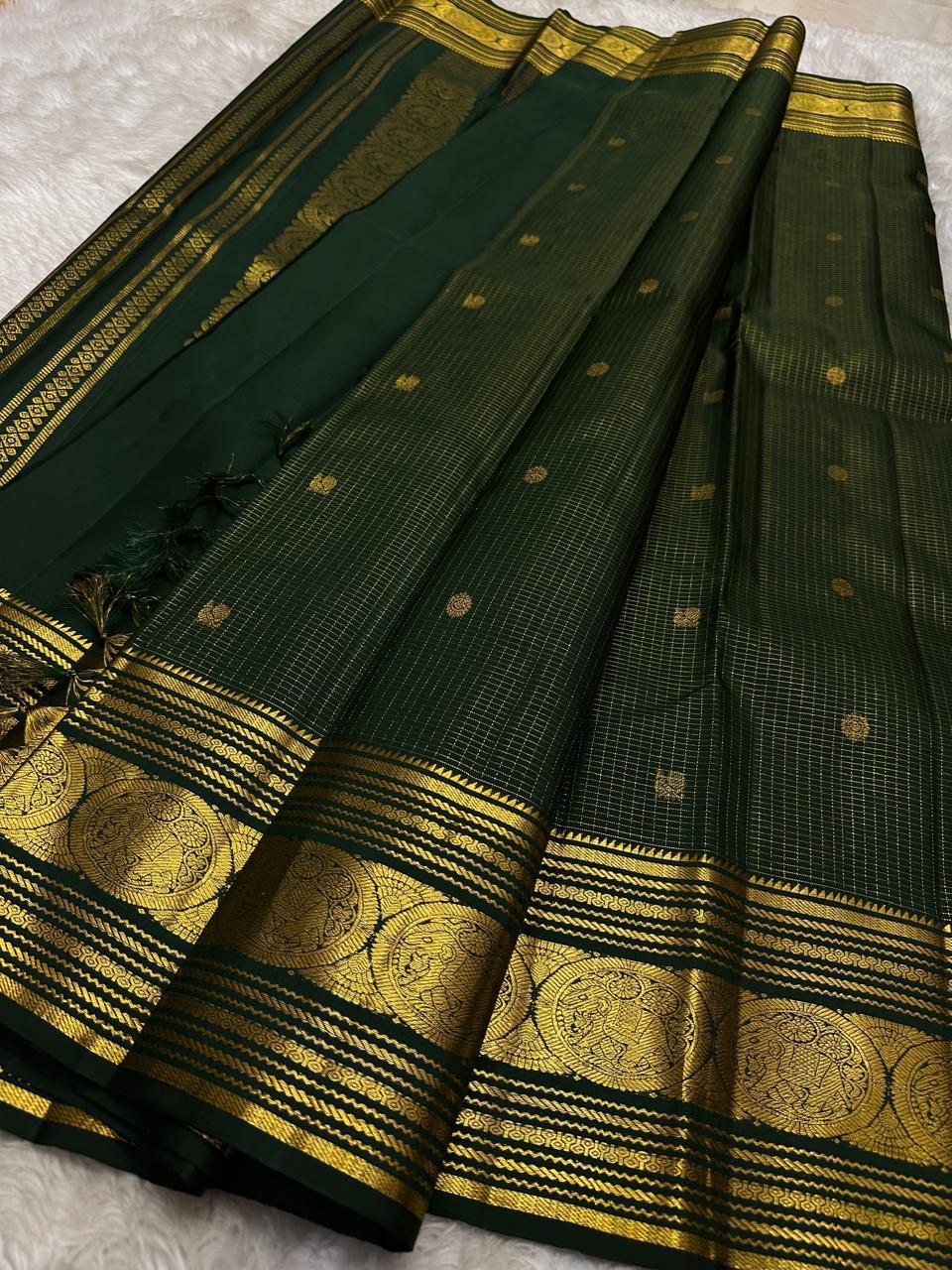 Emerald Green Silk Saree with Antique Gold Zari Grid Weaving & Royal Temple Border