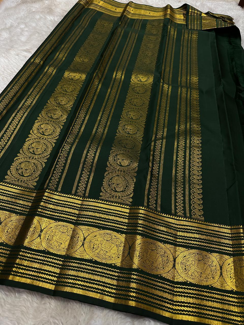 Emerald Green Silk Saree with Antique Gold Zari Grid Weaving & Royal Temple Border