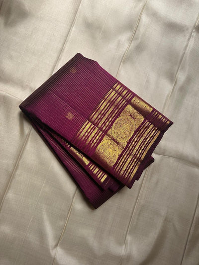 Royal Wine Purple Silk Saree with Antique Gold Zari Checks & Traditional Temple Border