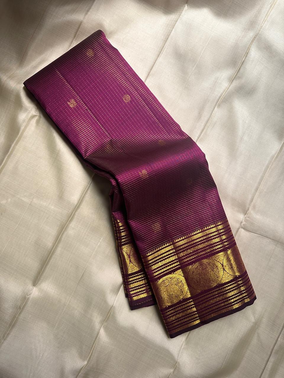 Royal Wine Purple Silk Saree with Antique Gold Zari Checks & Traditional Temple Border