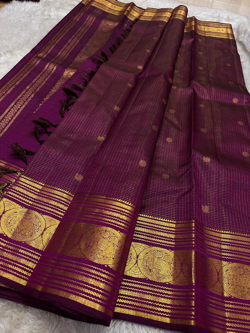 Royal Wine Purple Silk Saree with Antique Gold Zari Checks & Traditional Temple Border