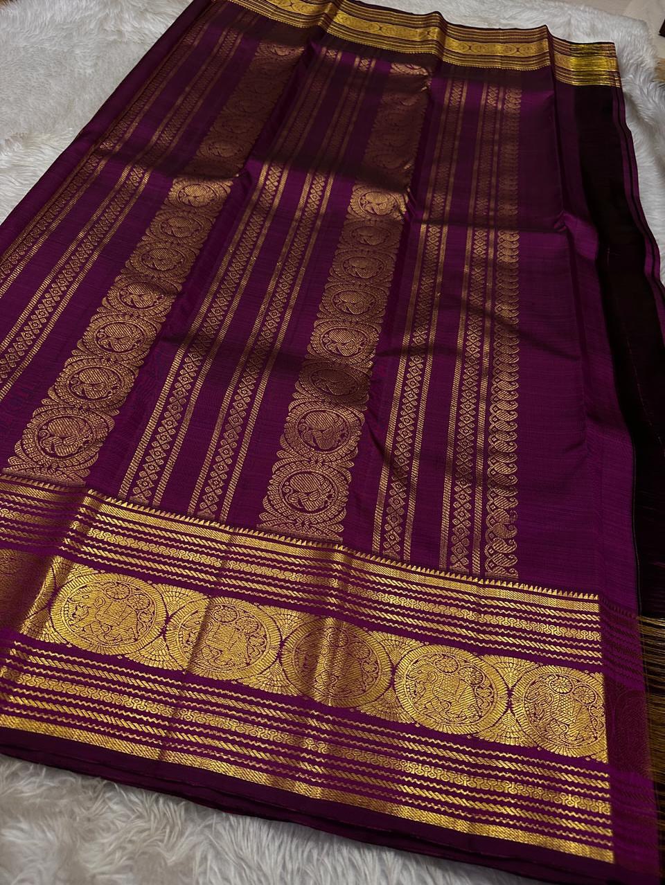 Royal Wine Purple Silk Saree with Antique Gold Zari Checks & Traditional Temple Border