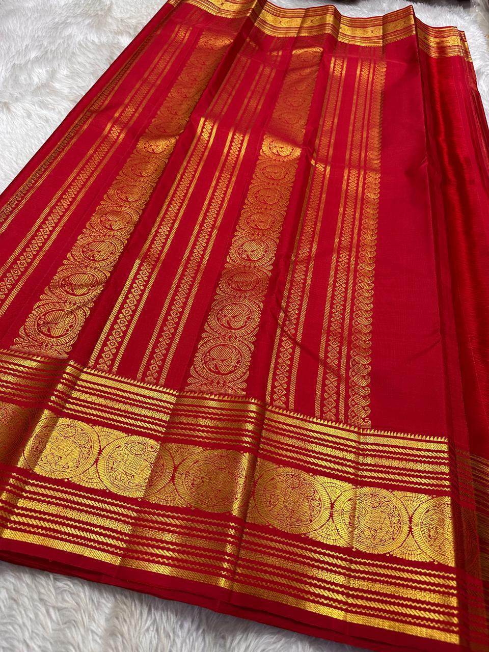 Regal Ruby Red Silk Saree with Antique Gold Zari Checks & Heritage Temple Border