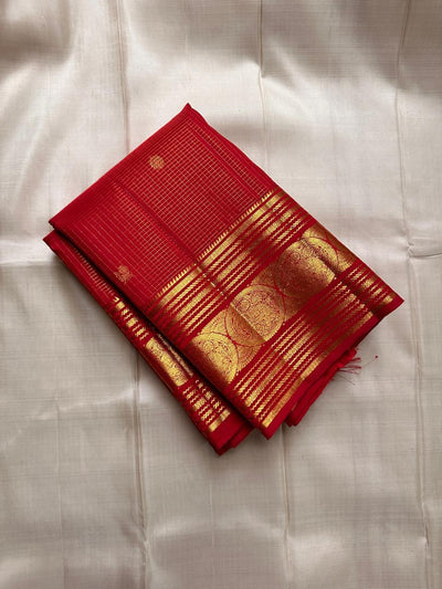 Regal Ruby Red Silk Saree with Antique Gold Zari Checks & Heritage Temple Border