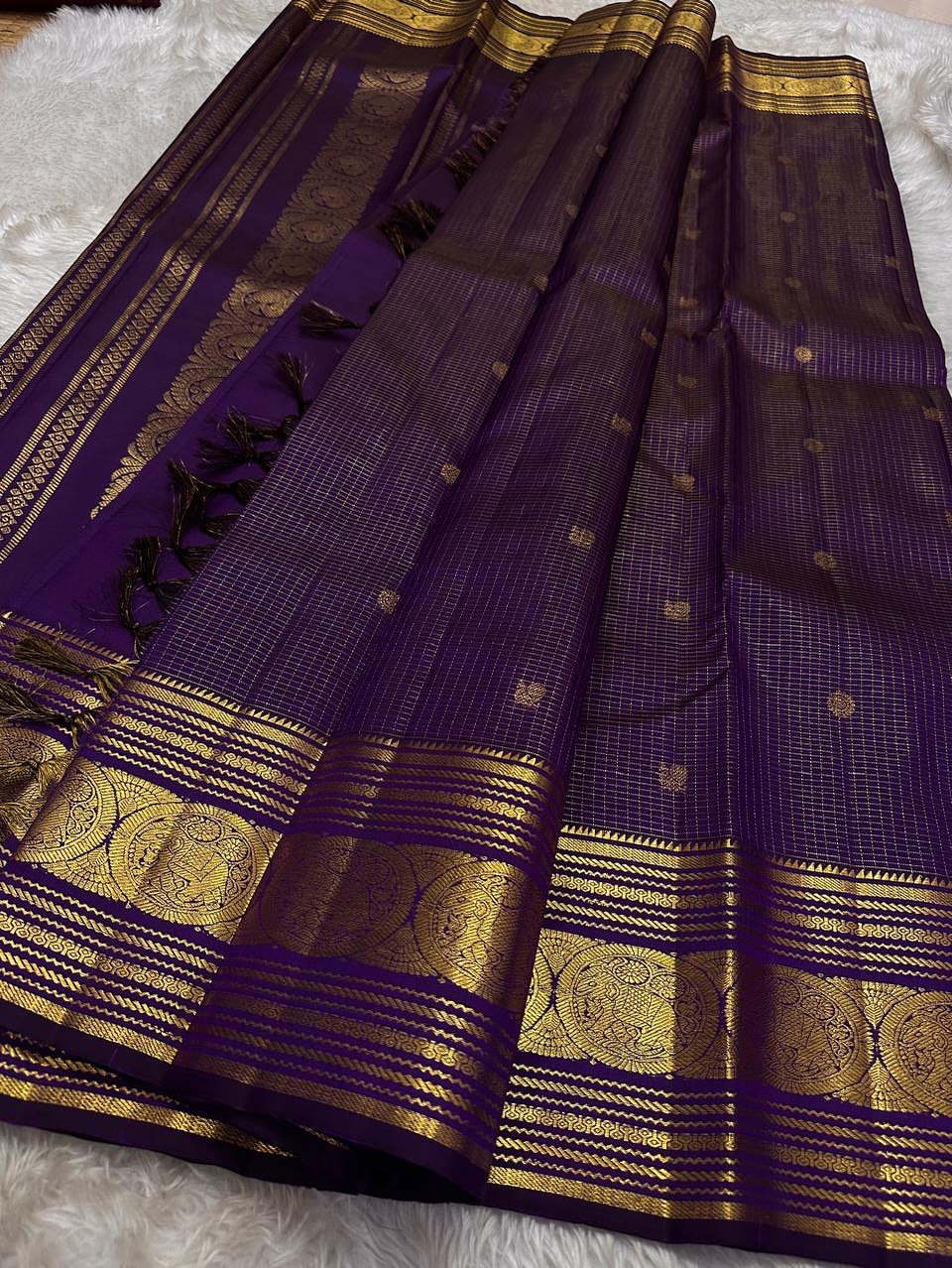 Royal Purple Silk Saree with Antique Gold Zari Checks & Classic Temple Border