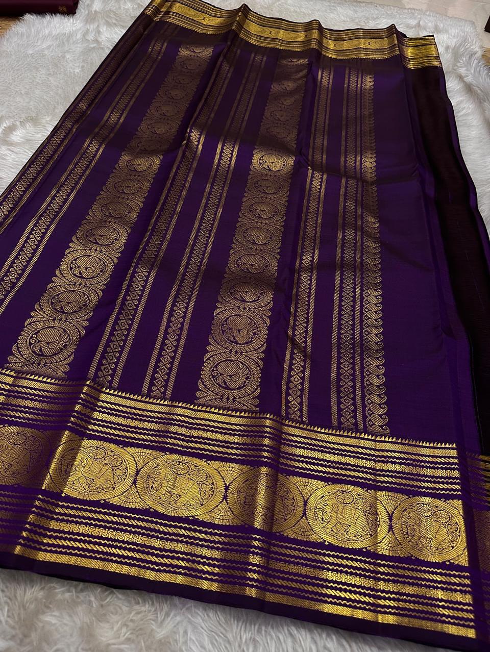 Royal Purple Silk Saree with Antique Gold Zari Checks & Classic Temple Border