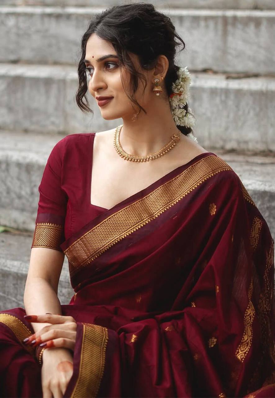 Regal Maroon Banarasi Silk Saree with Antique Gold Zari Buttas & Traditional Heritage Border