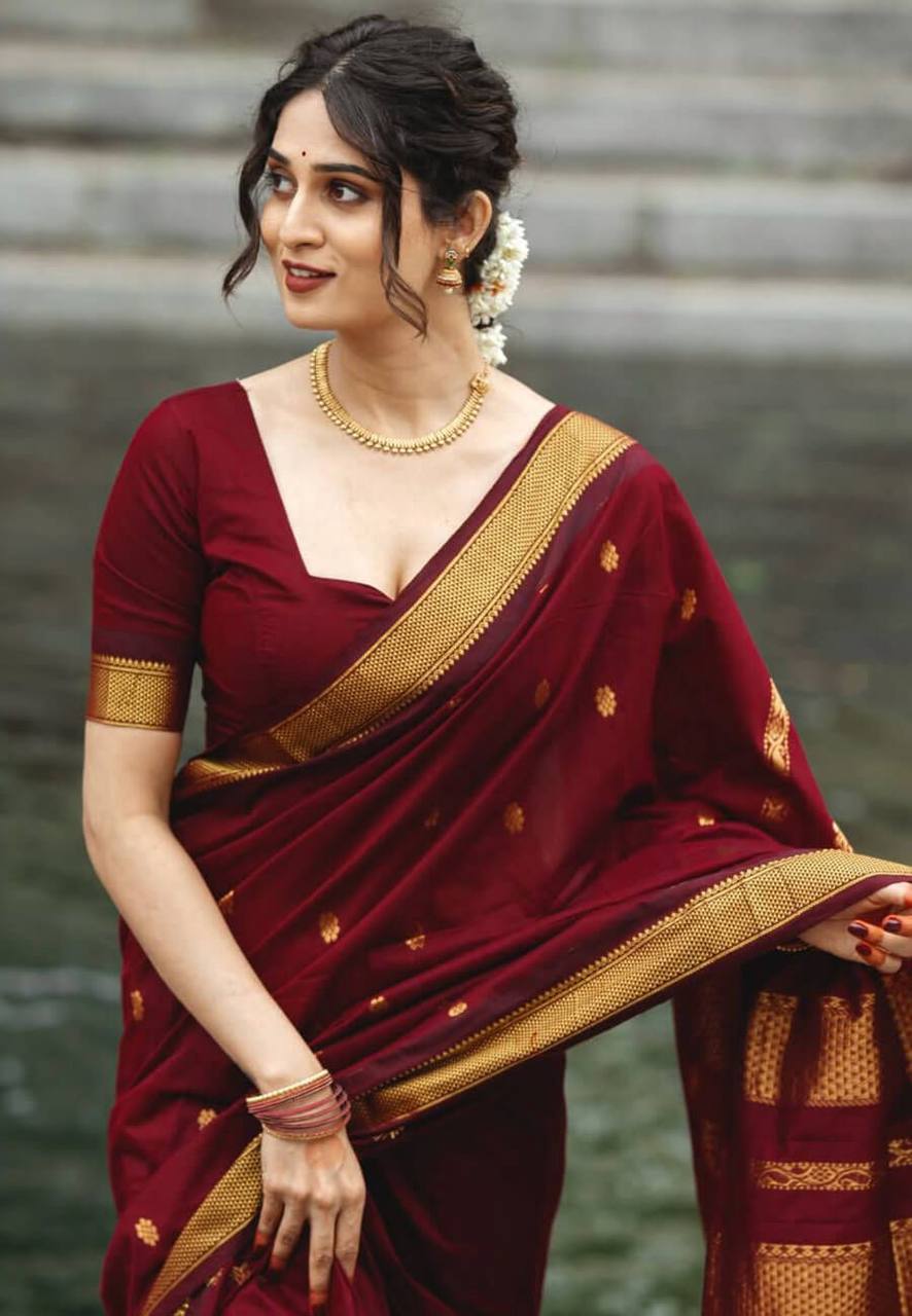 Regal Maroon Banarasi Silk Saree with Antique Gold Zari Buttas & Traditional Heritage Border