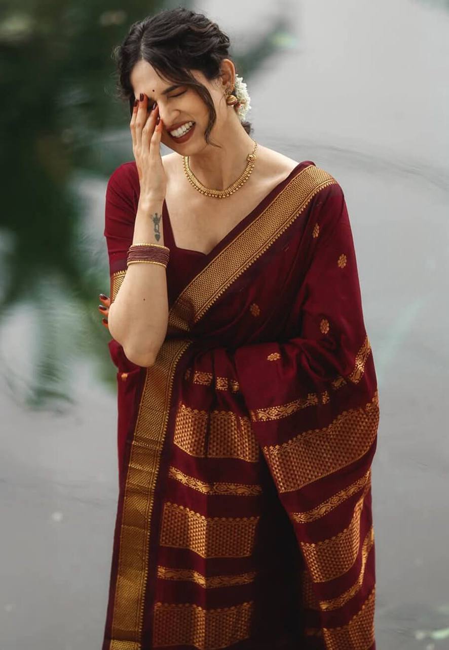 Regal Maroon Banarasi Silk Saree with Antique Gold Zari Buttas & Traditional Heritage Border