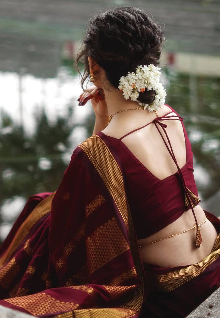 Regal Maroon Banarasi Silk Saree with Antique Gold Zari Buttas & Traditional Heritage Border